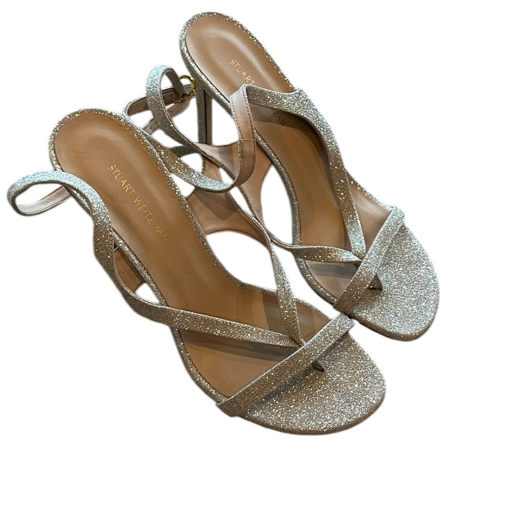 Stuart Weitzman ALIGN 95 Silver Sparkle Strappy Heels | Minimalist Nudist Style - Picture 5 of 11
